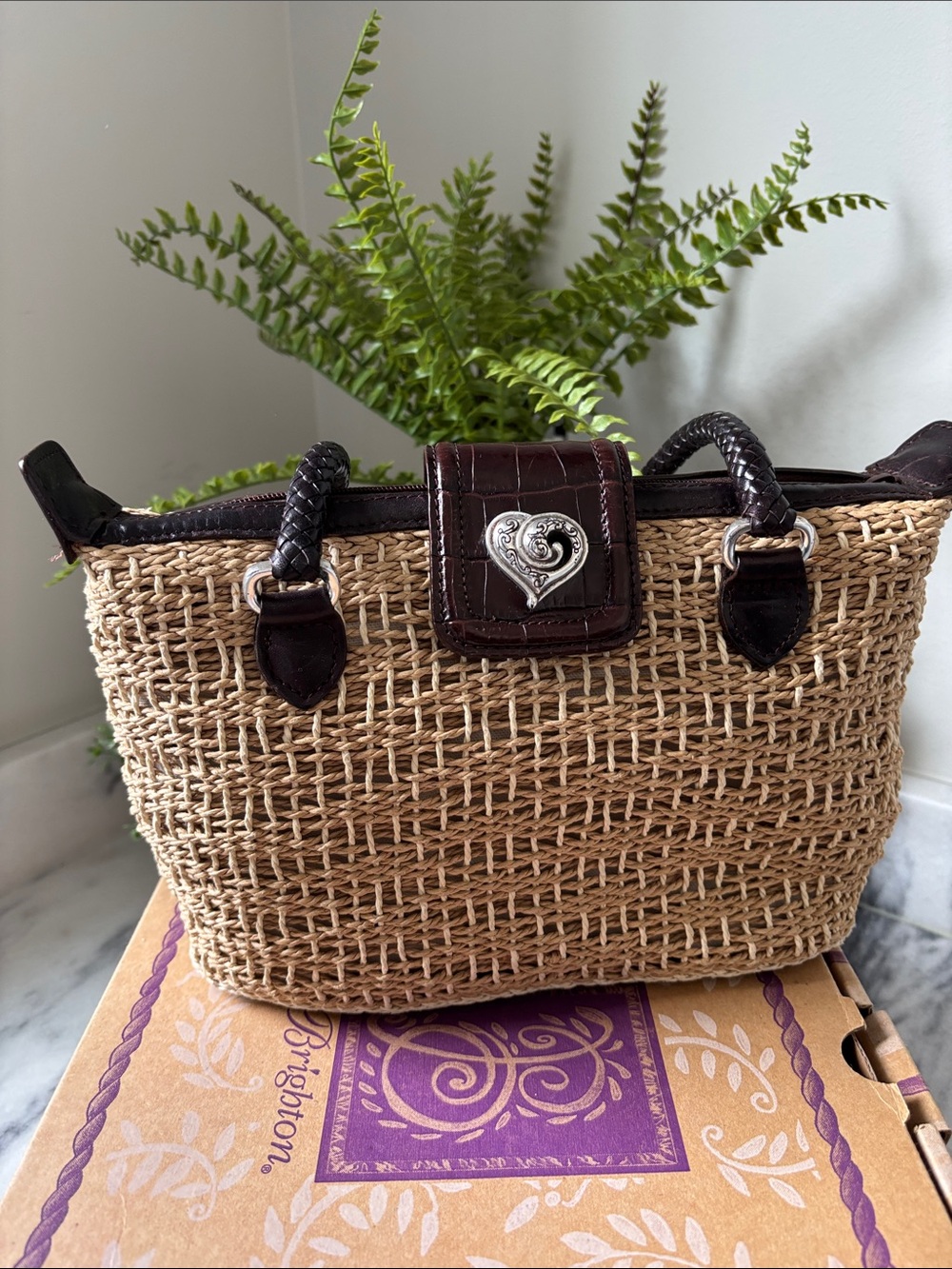 Brighton Natural Straw Tote with Dark Brown Trim and Silver Heart